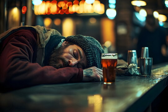 Homeless alcoholic man sleeping on a bar counter