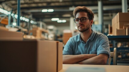 Handsome young man with glasses sitting at a table in a factory environment focused on work while surrounded by eco-friendly cardboard boxes.