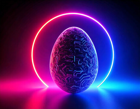 Futuristic easter egg in circuit board with binary code blue purple pink neon lights season celebration technology artificial intelligence illustration design wallpaper background
