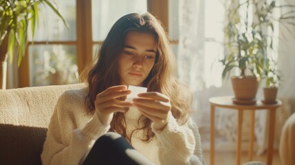 Teenage woman sitting at home indoors in soft natural light wearing a cozy sweater examining coronavirus covid 19 rapid test results in a serene environment