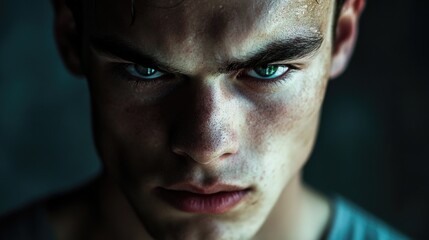 Caucasian young man with intense expression showcasing stress and determination against a dark background highlighting piercing green eyes and chiseled features.
