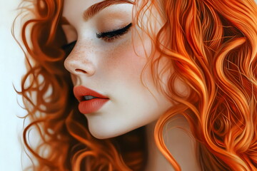 Illustration of a young female face with wavy ginger hair