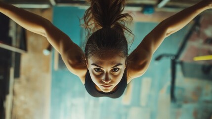 Fototapeta premium Active young woman performing gymnastics on apparatus in a vibrant gym setting with a focused expression and dynamic posture showcasing strength.