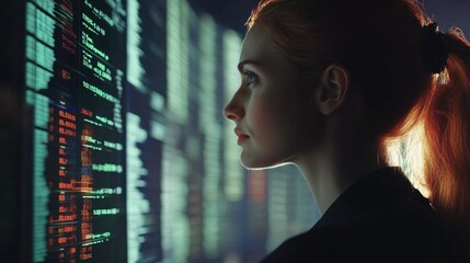 Profile of a focused Caucasian businesswoman with red hair observing financial data displayed on a digital screen in a modern office environment showcasing advanced technology and data processing c...