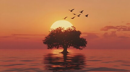 A tree in the middle of a body of water, birds flying above it, with a sunset in the background
