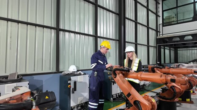 Robotics Workshop Collaboration: Two engineers in safety helmets and workwear collaborate closely amidst robotic arms and industrial machinery in a modern workshop setting.
