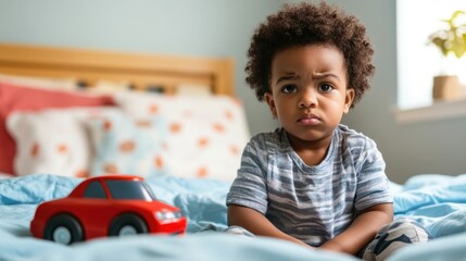 Fototapeta premium Serious toddler boy with coily hair sitting on a blue bedspread in bright bedroom, playing thoughtfully with red toy car.