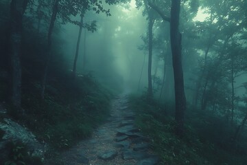 Obraz premium Foggy Forest Path Winding Through Ancient Trees