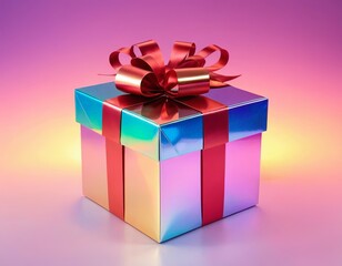 Fototapeta premium A beautifully wrapped gift box with a shiny ribbon, set against a vibrant gradient backdrop.