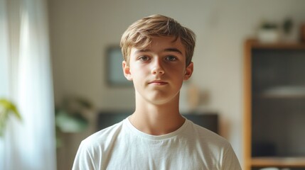 Fototapeta premium Candid portrait of a thoughtful 14-year-old Caucasian teenage boy with short blonde hair standing indoors in a bright home environment.
