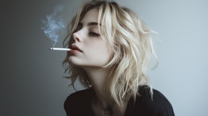Obraz premium Portrait of a young woman with tousled blonde hair exhaling smoke from a cigarette in a softly lit studio with a minimalistic backdrop.