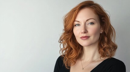 Fototapeta premium Confident young woman with wavy auburn hair wearing a black top, posed against a soft white background, expressing a thoughtful demeanor.