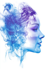 Artistic blue smoke silhouette of woman profile, showcasing creativity and imagination. ethereal design evokes sense of tranquility and beauty