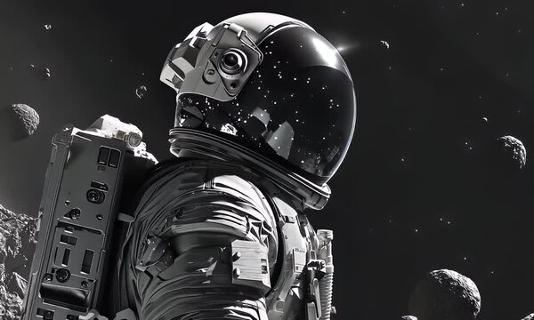 Astronaut spacewalk, asteroid field background, science fiction