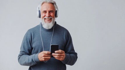 Mature smiling man with gray beard wearing headphones while holding mobile phone in light gray background enjoying music connectivity and leisure