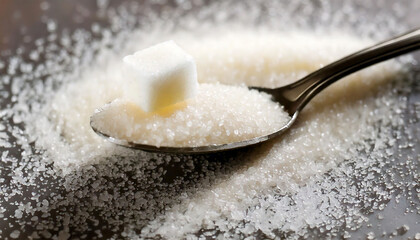 Close-up shot of a spoonful of granulated sugar with a single sugar cube atop, scattered on a dark surface.