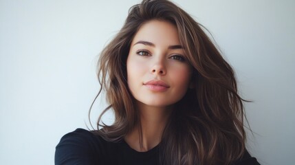 Brunette woman with long hair taking a selfie against a clean white background, showcasing natural beauty and casual style.