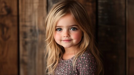 Fototapeta premium 4-year-old girl with long blonde hair smiles gently at the camera in front of a rustic wooden background, showcasing blue eyes and soft pink cheeks.