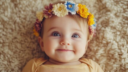 Close-up of adorable newborn baby with flower headband smiling on soft wool carpet in a cozy fashion setting.