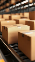 Neatly arranged cardboard boxes on conveyor belt in storage facility, showcasing organized logistics environment. scene conveys efficiency and order in package handling