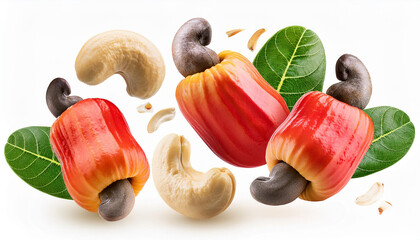 falling fresh cashew fruit with seeds and leaves isolated on white background
