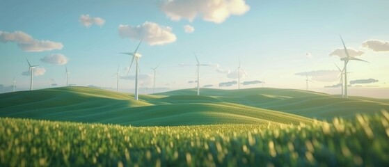 Sustainable Energy Landscape: Majestic Wind Turbines in a Verdant Field Against a Serene Blue Sky