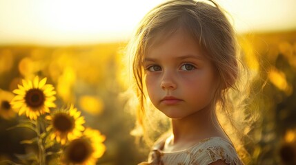 Fototapeta premium Young girl gazing into the camera in a golden sunflower field during sunset, surrounded by vibrant yellow blossoms, warm natural light.