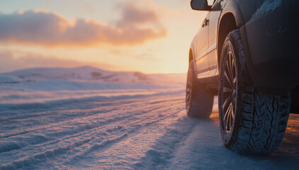 vehicle parked on snowy road during sunset, showcasing winter scenery and tire details. warm glow of sunset contrasts with cold snow, creating serene atmosphere