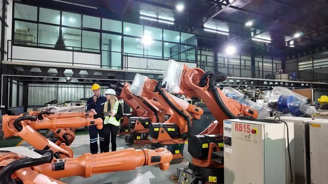 Robotic Arms in Manufacturing Facility: A modern factory floor buzzing with activity.