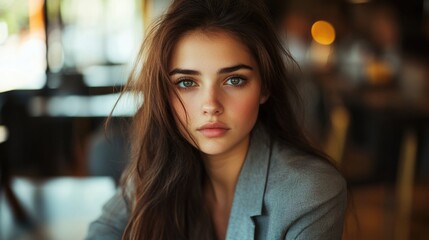 Obraz premium Young businesswoman with long brown hair and striking green eyes, wearing a gray blazer, sitting in a bright and modern cafÃ© setting, showcasing a contemplative mood.