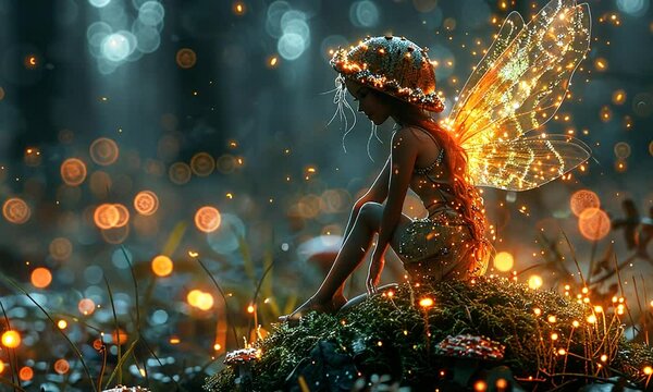Enchanted forest scene featuring a fairy sitting on a mossy rock surrounded by glowing mushrooms