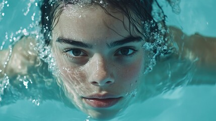 Athletic young woman making a U-turn while swimming underwater in a clear blue pool showcasing determination and focus.
