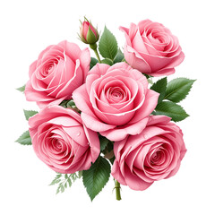 Naklejka premium A digital illustration showcases a cluster of four pink roses, a bud, and lush green leaves against a black background.