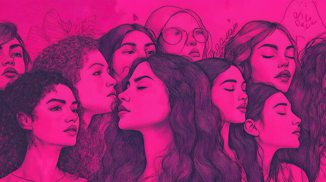 silueta de rostros de mujeres feministas juntas empoderadas luchando por sus derechos en el dia de la mujer 