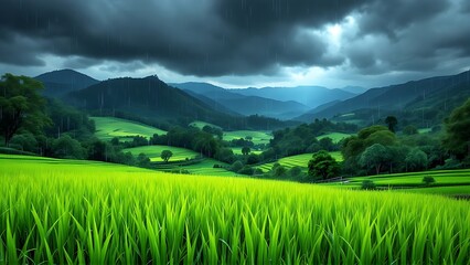 Obraz premium A scenic landscape capturing lush green rice terraces under a moody sky filled with dark clouds and rain.