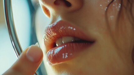 Closeup of young woman applying petrolatum lip salve on glossy lips reflecting in mirror with soft natural light highlighting skin care routine