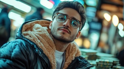 Fototapeta premium Trendy young man in a stylish black puffy jacket and glasses confidently poses against a blurred urban background with money, exuding a cool vibe.