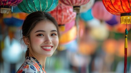 Portrait of a smiling young adult Asian woman with dark hair in a floral pattern outfit, relaxed and cheerful against colorful lanterns background.