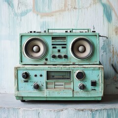 Fototapeta premium Vintage turquoise boombox with retro design and worn-out features