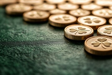 Close up of golden coins with shamrock engravings for st. patrick’s day decoration