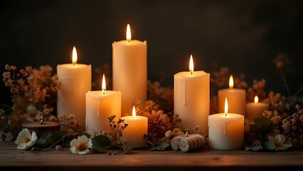 A warm and inviting scene featuring an arrangement of various candles with flickering flames, surrounded by decorative elements like dried flowers and greenery.