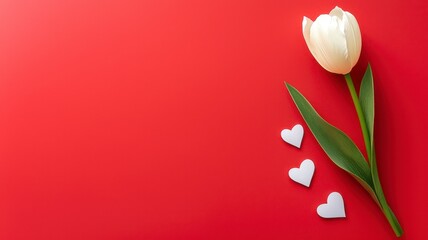 Minimalist Valentine's Day Background with a White Tulip and Paper Hearts on a Red Surface
