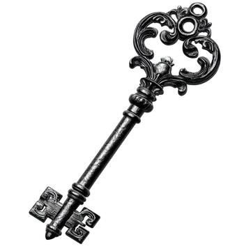 A decorative vintage key with intricate designs and a sturdy shaft, showcasing its unique craftsmanship and historical charm.