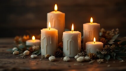 A warm and inviting scene featuring an arrangement of various candles with flickering flames, surrounded by decorative elements like dried flowers and greenery.