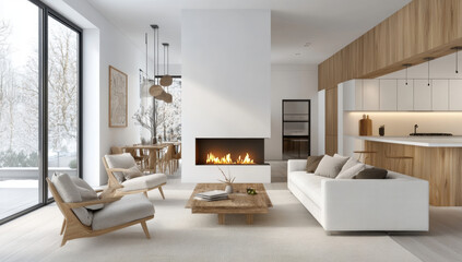 Modern living room with cozy fireplace, large windows, and minimalist decor, featuring wooden accents and serene winter view