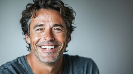 smiling middle-aged man with facial stubble wearing gray shirt against soft light background showcasing warm expression and genuine happiness
