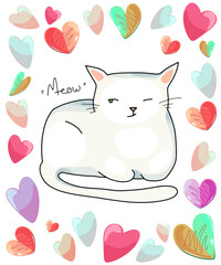 Happy Valentine's Day card with a cute cat in a frame of red, pink and pastel hearts from a set of romantic greeting art for loved ones. Vector.