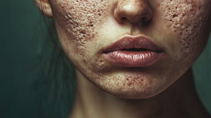 Obraz premium close-up portrait of a woman with textured skin showing blemishes and dark spots around the mouth highlighting health care and skincare concerns