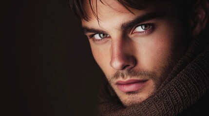 Fototapeta premium Portrait of a stylish young man with intense gaze wearing a warm brown scarf against a dark blurred background showcasing modern fashion aesthetics