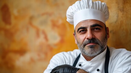 Professional chef in white uniform and hat, posing confidently against a warm ocher background, showcasing culinary expertise and experience.